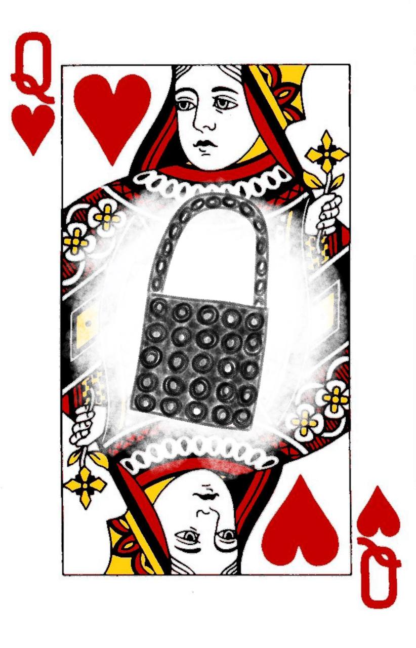 Queen of hearts card featuring a circular-patterned Pilosopo bag